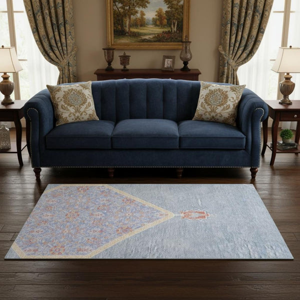 HomeRoots 5' X 8' Denim Blue Coral & Wheat Oriental Rug - Durable, Washable, UV Protected for Busy Homes 679350