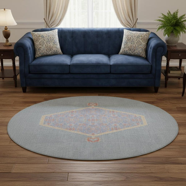 HomeRoots 8' Denim Blue Coral & Wheat Oriental Round Rug - Washable, UV-Protected, Ideal for Family Spaces! 679351