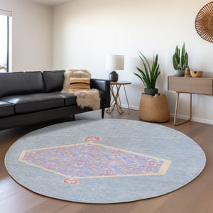 HomeRoots 8' Denim Blue Coral & Wheat Oriental Round Rug - Washable, UV-Protected, Ideal for Family Spaces! 679351