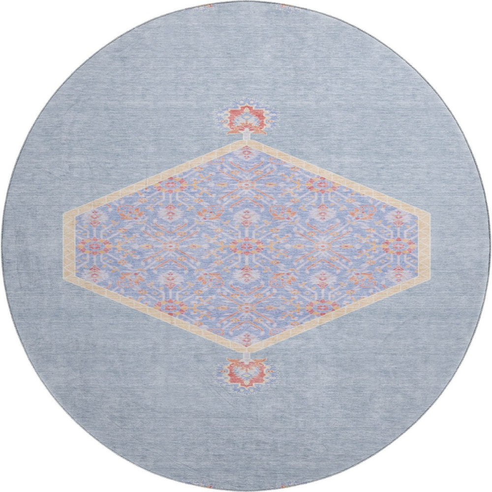 HomeRoots 8' Denim Blue Coral & Wheat Oriental Round Rug - Washable, UV-Protected, Ideal for Family Spaces! 679351