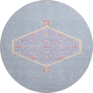 HomeRoots 8' Denim Blue Coral & Wheat Oriental Round Rug - Washable, UV-Protected, Ideal for Family Spaces! 679351