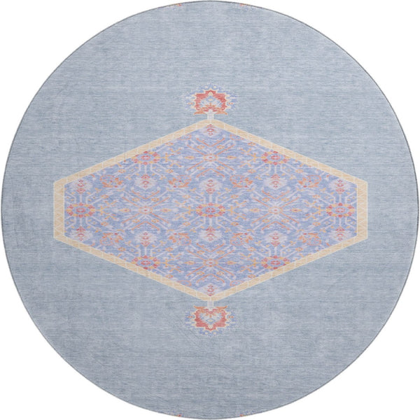 HomeRoots 8' Denim Blue Coral & Wheat Oriental Round Rug - Washable, UV-Protected, Ideal for Family Spaces! 679351