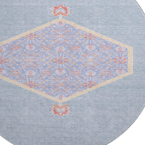 HomeRoots 8' Denim Blue Coral & Wheat Oriental Round Rug - Washable, UV-Protected, Ideal for Family Spaces! 679351