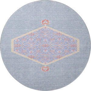 HomeRoots 8' Denim Blue Coral & Wheat Oriental Round Rug - Washable, UV-Protected, Ideal for Family Spaces! 679351