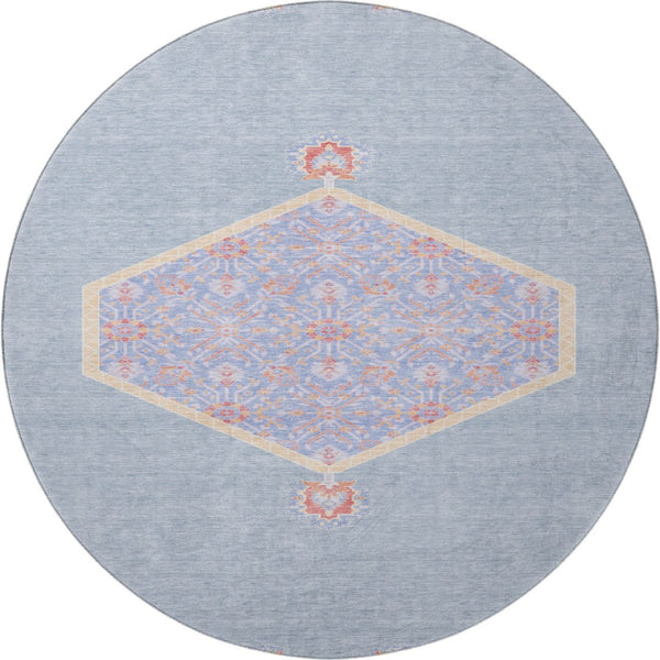 HomeRoots 8' Denim Blue Coral & Wheat Oriental Round Rug - Washable, UV-Protected, Ideal for Family Spaces! 679351