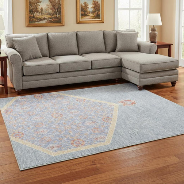 HomeRoots 8' X 10' Washable Oriental Area Rug in Denim Blue, Coral, & Wheat - UV Protected, Stain Resistant, Durable 679352