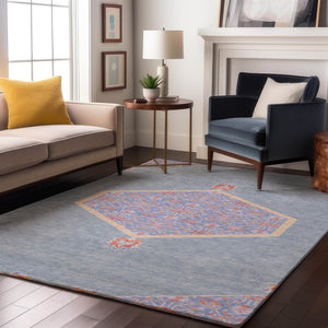 HomeRoots 8' X 10' Washable Oriental Area Rug in Denim Blue, Coral, & Wheat - UV Protected, Stain Resistant, Durable 679352