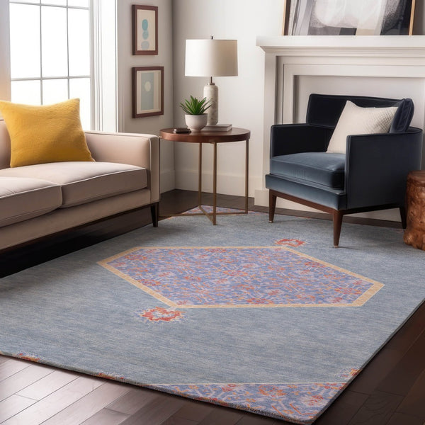 HomeRoots 8' X 10' Washable Oriental Area Rug in Denim Blue, Coral, & Wheat - UV Protected, Stain Resistant, Durable 679352