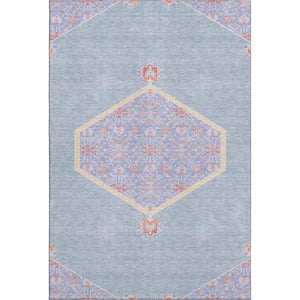 HomeRoots 8' X 10' Washable Oriental Area Rug in Denim Blue, Coral, & Wheat - UV Protected, Stain Resistant, Durable 679352
