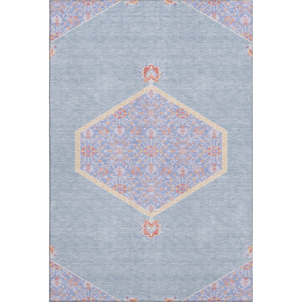 HomeRoots 8' X 10' Washable Oriental Area Rug in Denim Blue, Coral, & Wheat - UV Protected, Stain Resistant, Durable 679352