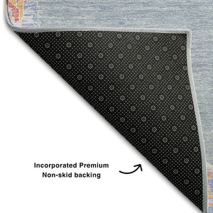 HomeRoots 8' X 10' Washable Oriental Area Rug in Denim Blue, Coral, & Wheat - UV Protected, Stain Resistant, Durable 679352