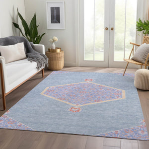 HomeRoots 8' X 10' Washable Oriental Area Rug in Denim Blue, Coral, & Wheat - UV Protected, Stain Resistant, Durable 679352