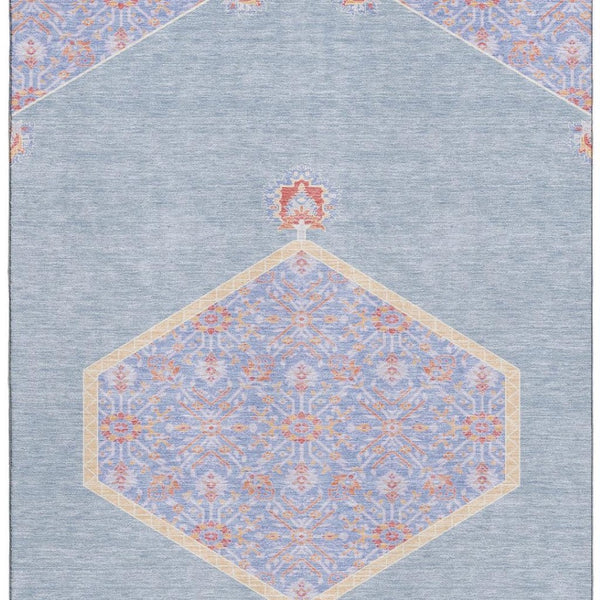 HomeRoots 8' X 10' Washable Oriental Area Rug in Denim Blue, Coral, & Wheat - UV Protected, Stain Resistant, Durable 679352