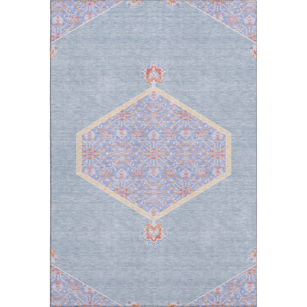 HomeRoots 9' X 12' Denim Blue Area Rug - Washable Oriental Design with Coral Accents & UV Protection for Durability 679353