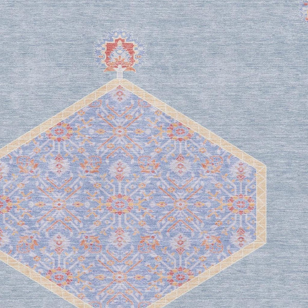 HomeRoots 9' X 12' Denim Blue Area Rug - Washable Oriental Design with Coral Accents & UV Protection for Durability 679353