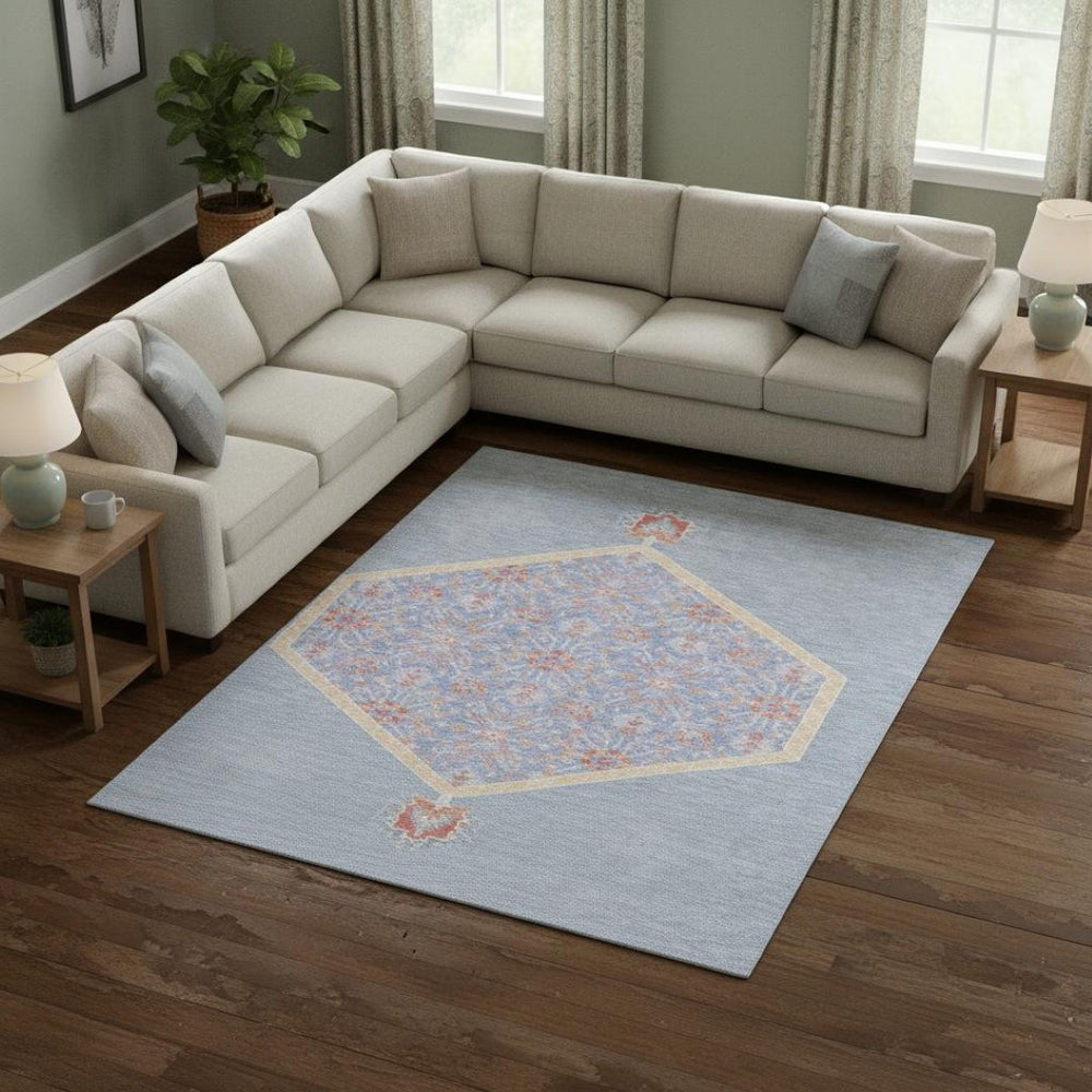 HomeRoots 10' X 14' Denim Blue Coral & Wheat Oriental Area Rug - High-Traffic, Stain Resistant, UV Protected! 679354
