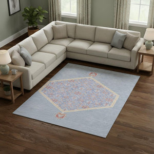 HomeRoots 10' X 14' Denim Blue Coral & Wheat Oriental Area Rug - High-Traffic, Stain Resistant, UV Protected! 679354