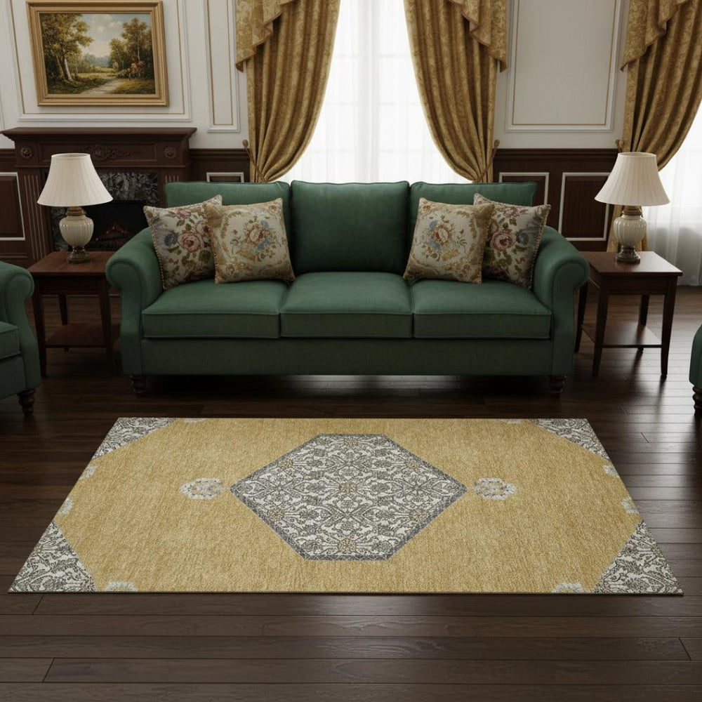 HomeRoots 5' X 8' Gold Ivory Gray Oriental Washable Area Rug - Durable, UV-Protected, Perfect for Families! 679356