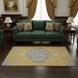 HomeRoots 5' X 8' Gold Ivory Gray Oriental Washable Area Rug - Durable, UV-Protected, Perfect for Families! 679356