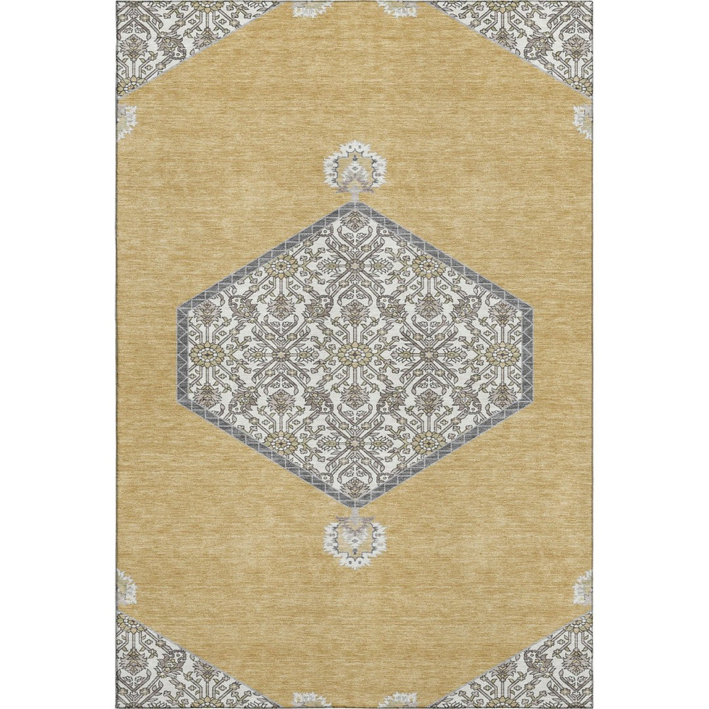 HomeRoots 5' X 8' Gold Ivory Gray Oriental Washable Area Rug - Durable, UV-Protected, Perfect for Families! 679356