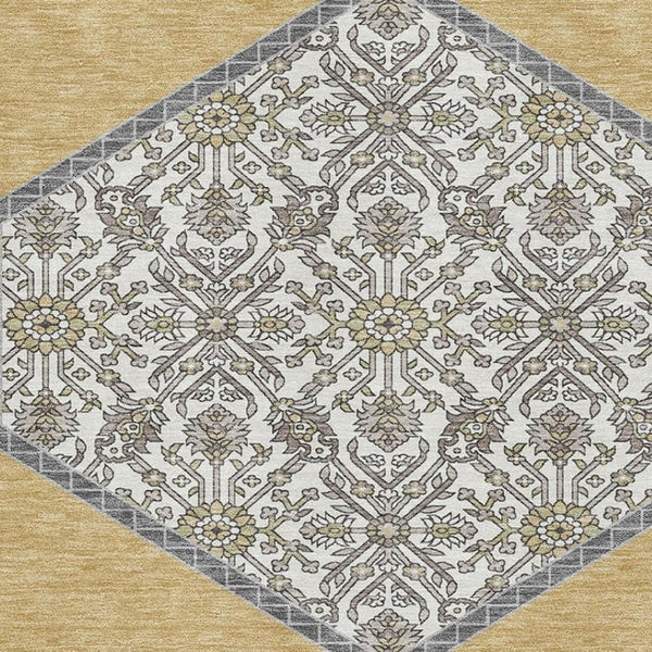 HomeRoots 5' X 8' Gold Ivory Gray Oriental Washable Area Rug - Durable, UV-Protected, Perfect for Families! 679356