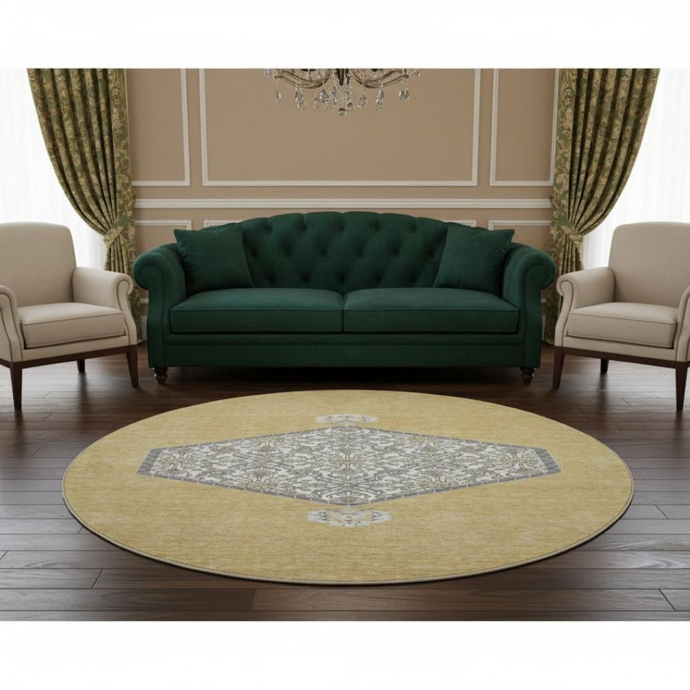 HomeRoots 8' Gold Ivory and Gray Oriental Washable Round Rug - Stylish, Durable, Easy-Care for Busy Homes 679357