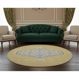 HomeRoots 8' Gold Ivory and Gray Oriental Washable Round Rug - Stylish, Durable, Easy-Care for Busy Homes 679357