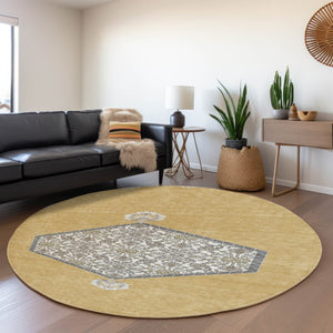 HomeRoots 8' Gold Ivory and Gray Oriental Washable Round Rug - Stylish, Durable, Easy-Care for Busy Homes 679357