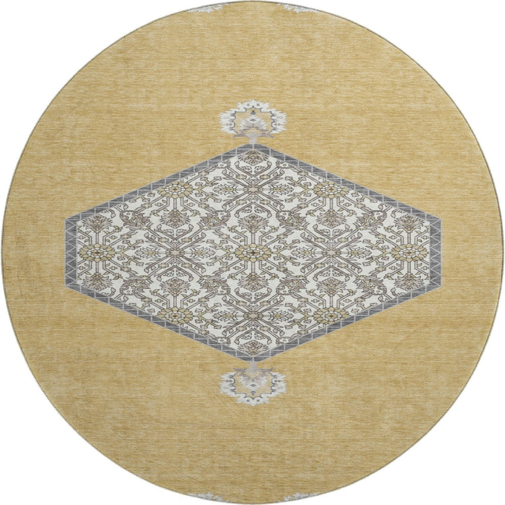 HomeRoots 8' Gold Ivory and Gray Oriental Washable Round Rug - Stylish, Durable, Easy-Care for Busy Homes 679357