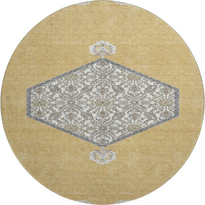 HomeRoots 8' Gold Ivory and Gray Oriental Washable Round Rug - Stylish, Durable, Easy-Care for Busy Homes 679357