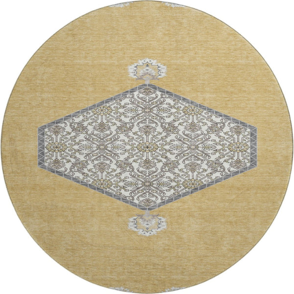 HomeRoots 8' Gold Ivory and Gray Oriental Washable Round Rug - Stylish, Durable, Easy-Care for Busy Homes 679357