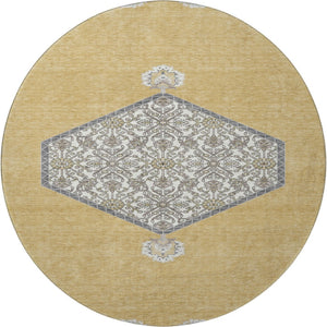 HomeRoots 8' Gold Ivory and Gray Oriental Washable Round Rug - Stylish, Durable, Easy-Care for Busy Homes 679357