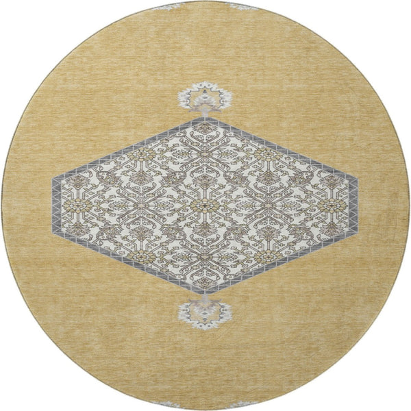 HomeRoots 8' Gold Ivory and Gray Oriental Washable Round Rug - Stylish, Durable, Easy-Care for Busy Homes 679357