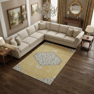 HomeRoots 8' X 10' Elegant Gold Ivory Gray Oriental Area Rug – Washable, Stain-Resistant, UV Protected Design 679358
