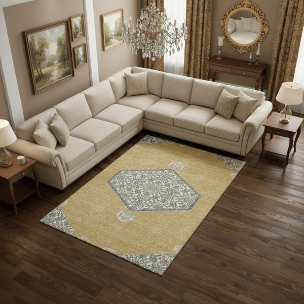 HomeRoots 8' X 10' Elegant Gold Ivory Gray Oriental Area Rug – Washable, Stain-Resistant, UV Protected Design 679358
