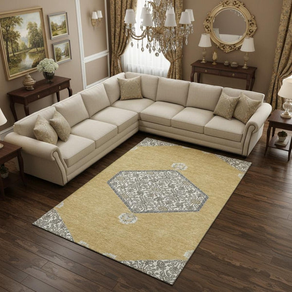 HomeRoots 9' X 12' Gold Ivory Gray Oriental Area Rug - Washable, Durable, UV Protected for Stylish Spaces 679359