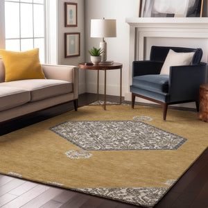 HomeRoots 9' X 12' Gold Ivory Gray Oriental Area Rug - Washable, Durable, UV Protected for Stylish Spaces 679359