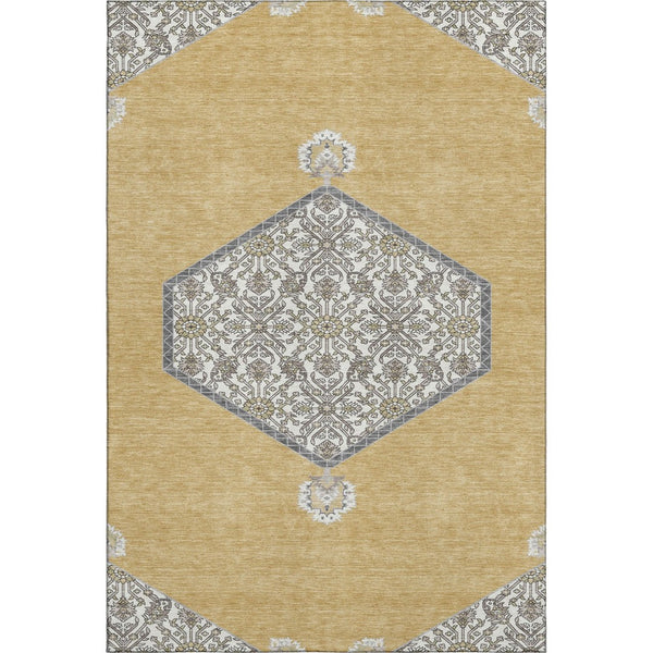 HomeRoots 9' X 12' Gold Ivory Gray Oriental Area Rug - Washable, Durable, UV Protected for Stylish Spaces 679359