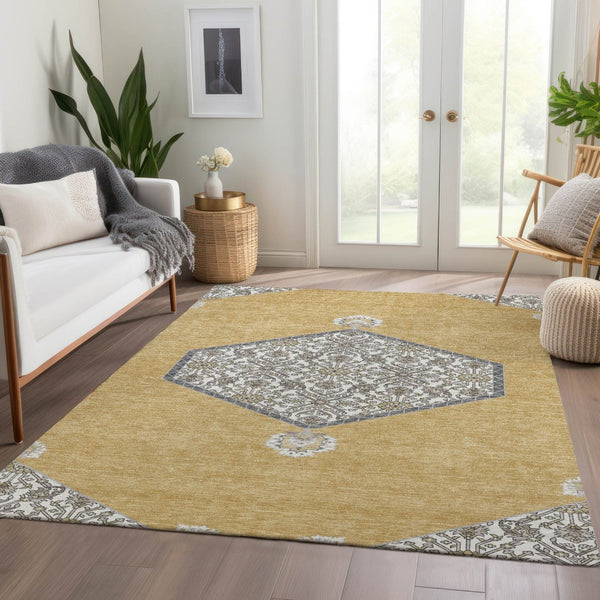 HomeRoots 9' X 12' Gold Ivory Gray Oriental Area Rug - Washable, Durable, UV Protected for Stylish Spaces 679359