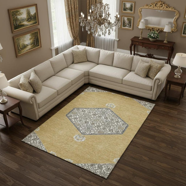HomeRoots 10' Gold, Ivory & Gray Oriental Area Rug - Washable, UV Protected, Stain-Resistant, Perfect for Homes 679360
