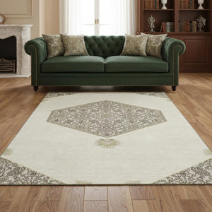 HomeRoots 5' X 8' Washable Ivory Beige & Gray Oriental Area Rug with UV Protection for Elegant Living Spaces 679362