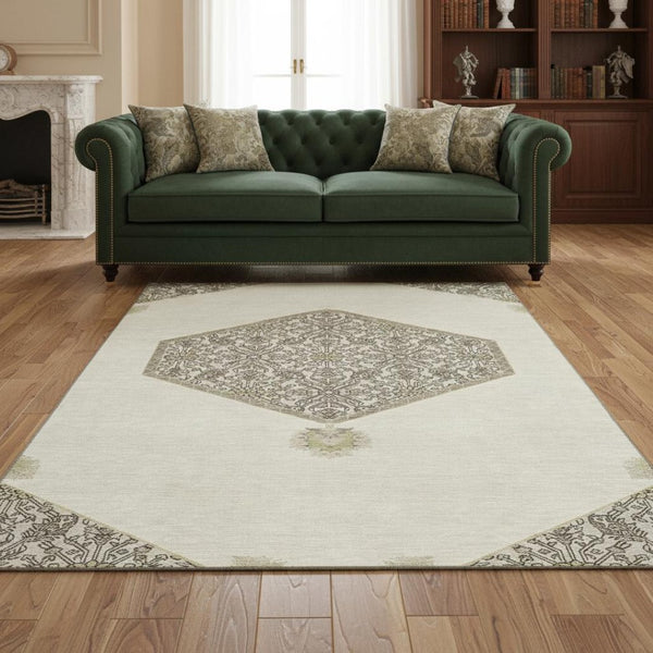 HomeRoots 5' X 8' Washable Ivory Beige & Gray Oriental Area Rug with UV Protection for Elegant Living Spaces 679362