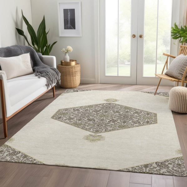 HomeRoots 5' X 8' Washable Ivory Beige & Gray Oriental Area Rug with UV Protection for Elegant Living Spaces 679362
