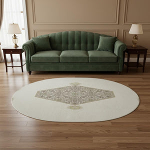 HomeRoots 8' Ivory Beige and Gray Oriental Round Rug - Washable, UV Protected, Durable for Homes with Kids & Pets 679363
