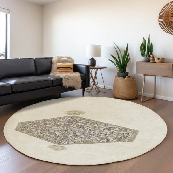 HomeRoots 8' Ivory Beige and Gray Oriental Round Rug - Washable, UV Protected, Durable for Homes with Kids & Pets 679363