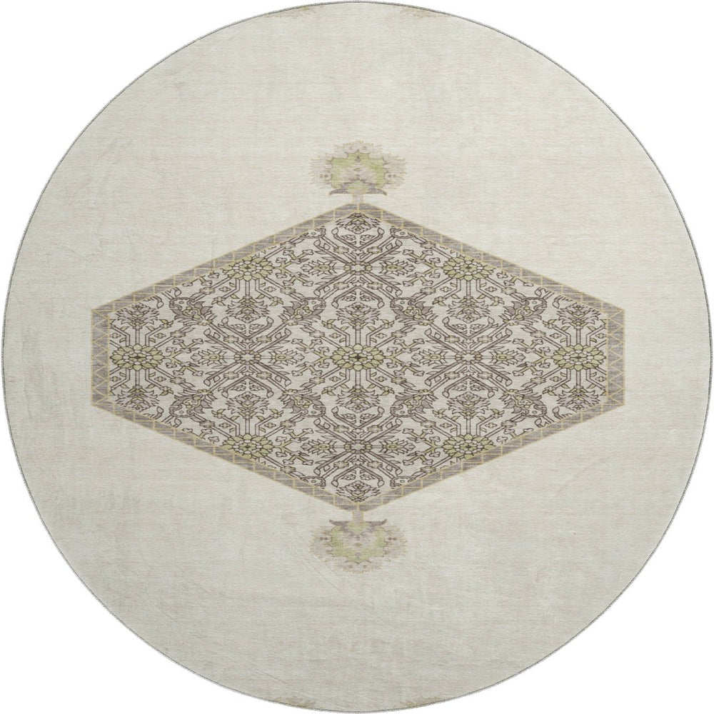 HomeRoots 8' Ivory Beige and Gray Oriental Round Rug - Washable, UV Protected, Durable for Homes with Kids & Pets 679363