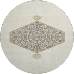 HomeRoots 8' Ivory Beige and Gray Oriental Round Rug - Washable, UV Protected, Durable for Homes with Kids & Pets 679363
