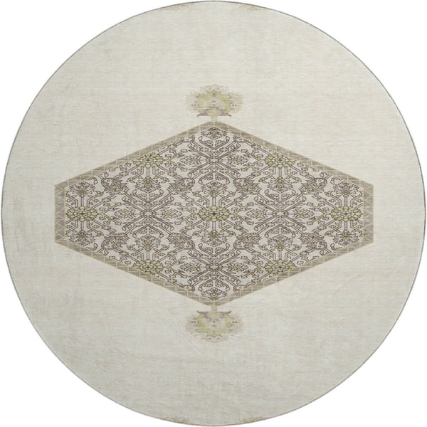 HomeRoots 8' Ivory Beige and Gray Oriental Round Rug - Washable, UV Protected, Durable for Homes with Kids & Pets 679363