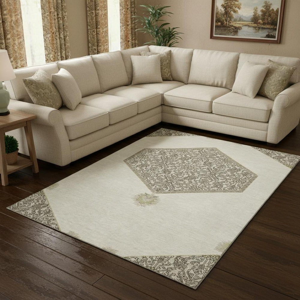 HomeRoots 8' X 10' Elegant Ivory, Beige & Gray Oriental Washable Rug with UV Protection for Homes & Families 679364