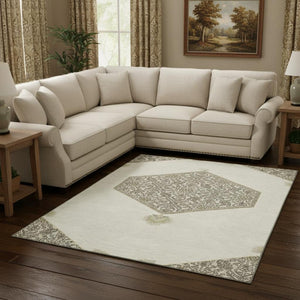 HomeRoots 9' X 12' Ivory Beige & Gray Oriental Area Rug – Washable, UV-Protected, Stain Resistant & Stylish 679365